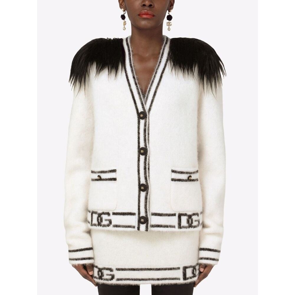 Dolce & Gabbana Faux-Fur Paneled Logo Embellished Cardigan (IT 42) RRP $3495